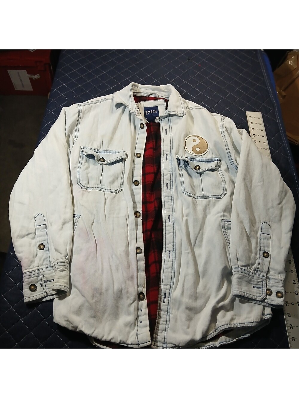 Basic Editions Vintage Denim Shirt Jacket Plaid Lined Light Wash Medium